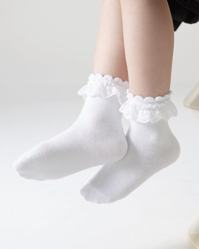 Funjoon 4T-10Y Girls White Ruffle Socks Lace Frilly Dress Cotton School Uniform Crew Socks for Toddler Little Girls 6 Pack - Image 4